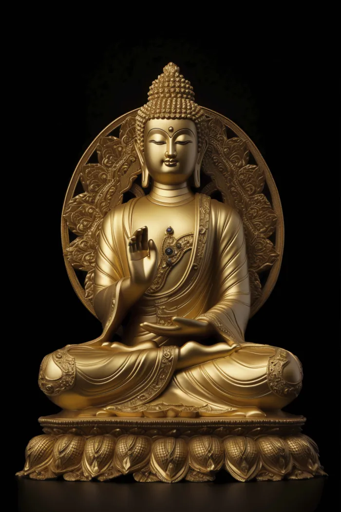 Golden statue of Lord Buddha seated in lotus pose with right hand raised in Abhaya Mudra on a black background. | PrintPosters.in